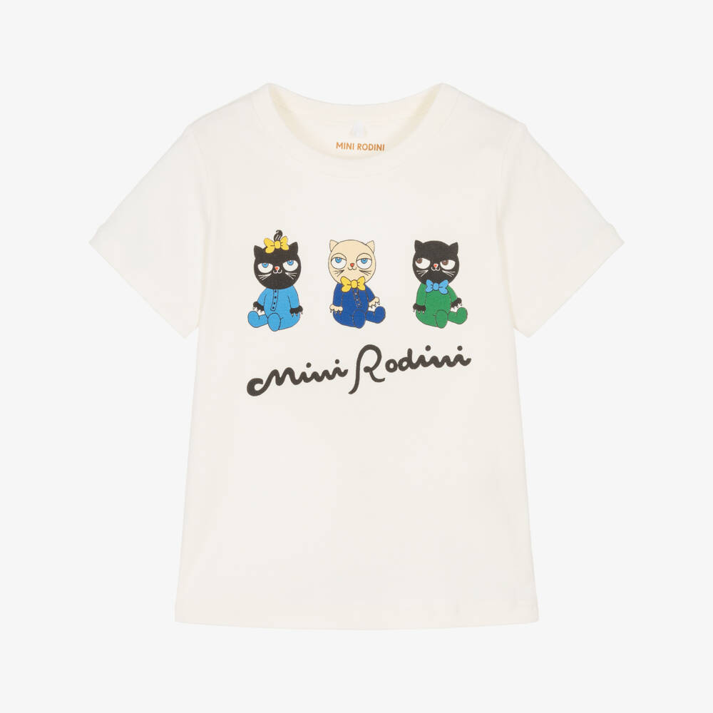 Mini Rodini-White Organic Cotton Cat Print T-Shirt  | Childrensalon