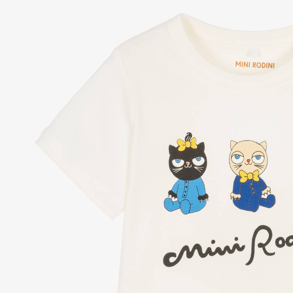 Mini Rodini-White Organic Cotton Cat Print T-Shirt | Childrensalon