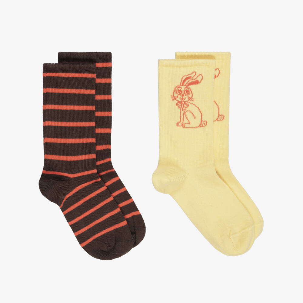 Mini Rodini-Yellow & Brown Socks with Stripes & Rabbits (2 Pack) | Childrensalon