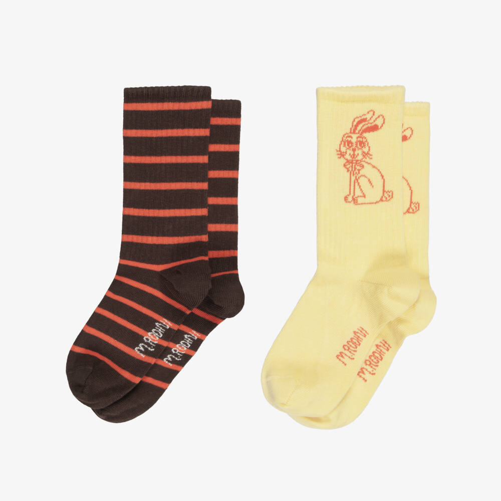 Mini Rodini-Yellow & Brown Socks with Stripes & Rabbits (2 Pack) | Childrensalon