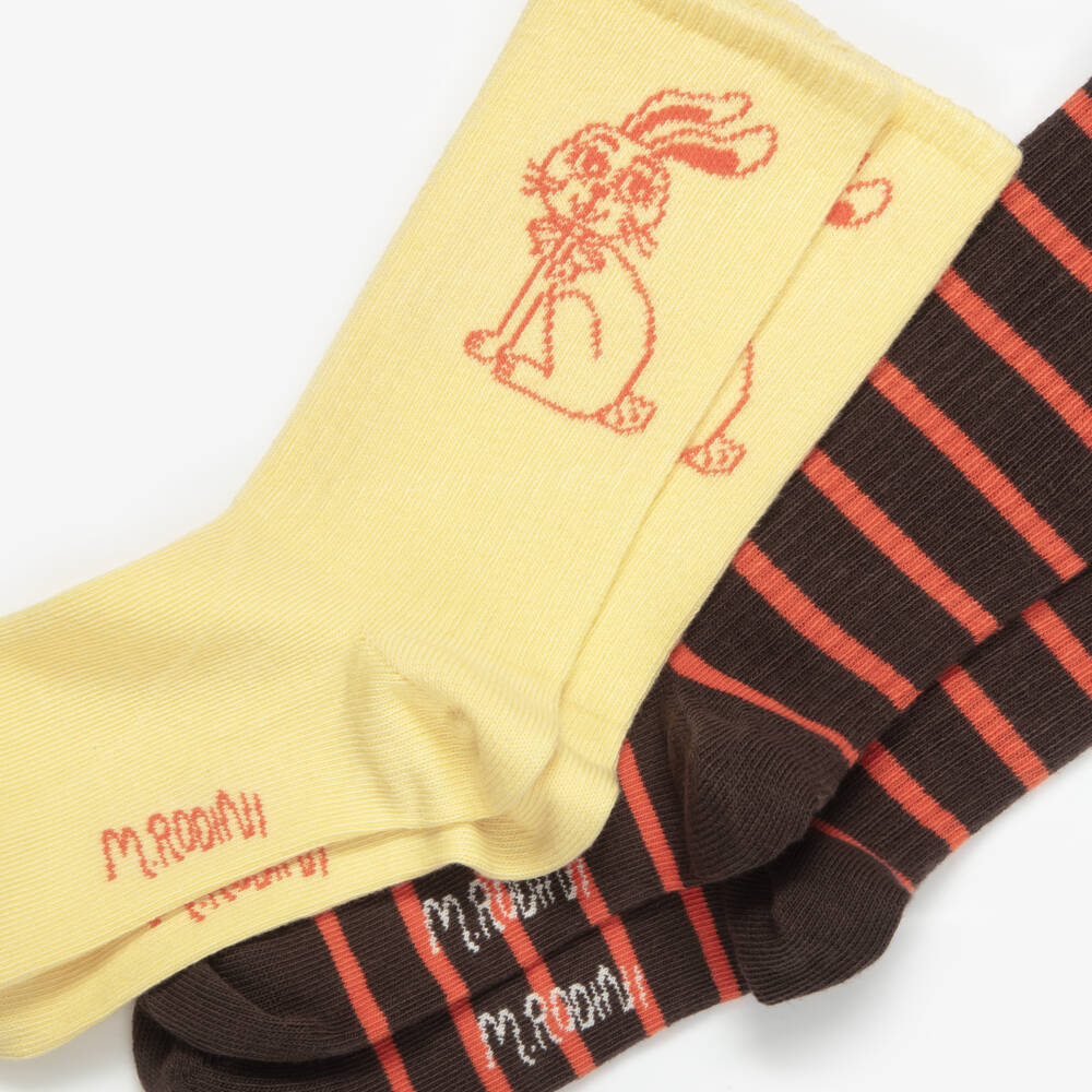 Mini Rodini-Yellow & Brown Socks with Stripes & Rabbits (2 Pack) | Childrensalon