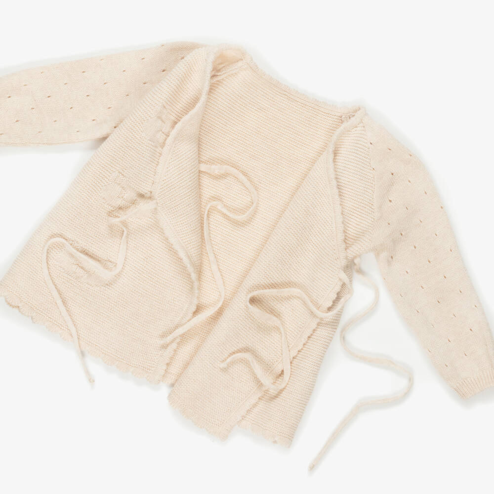 Minutus-Beige Cotton Knit Babysuit Set with Bear Motifs | Childrensalon