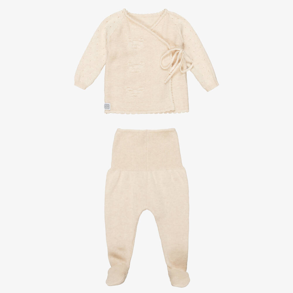 Minutus-Beige Cotton Knit Babysuit Set with Bear Motifs | Childrensalon