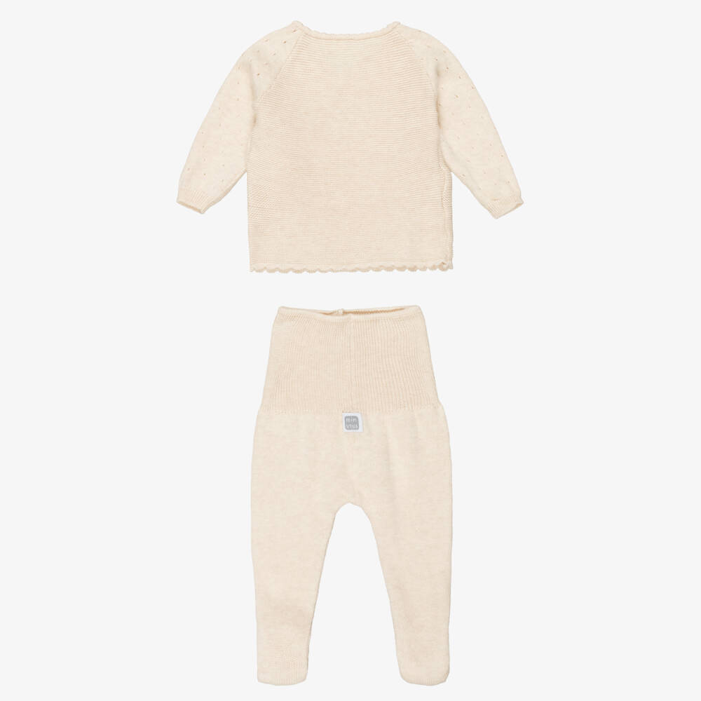 Minutus-Beige Cotton Knit Babysuit Set with Bear Motifs | Childrensalon