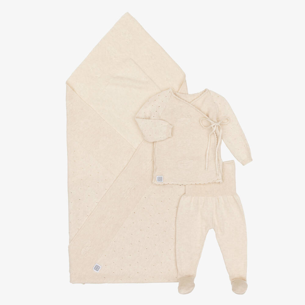 Minutus-Beige Cotton Knit Babysuit Set with Bear Motifs | Childrensalon