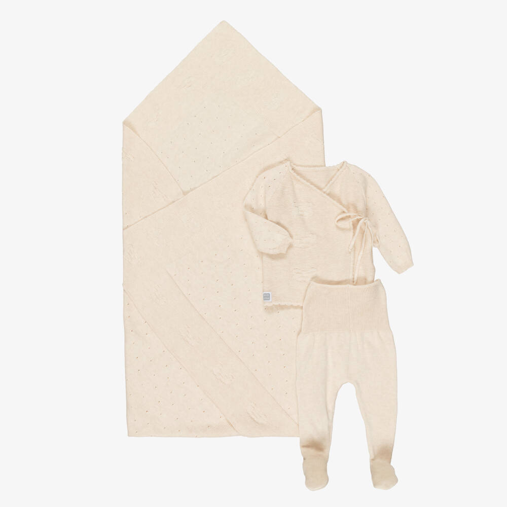 Minutus-Beige Cotton Knit Babysuit Set with Bear Motifs | Childrensalon