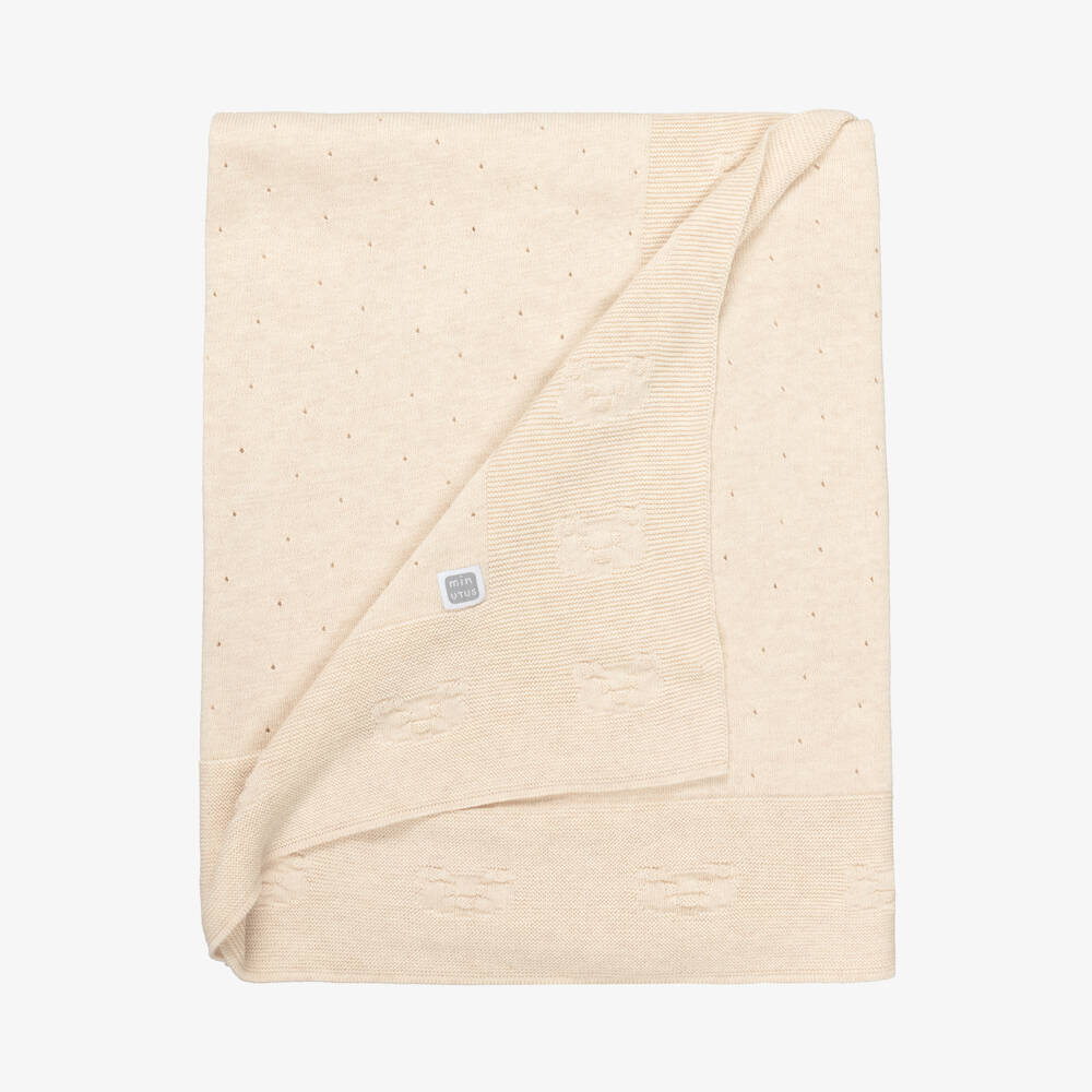 Minutus-Beige Cotton Knit Babysuit Set with Bear Motifs | Childrensalon