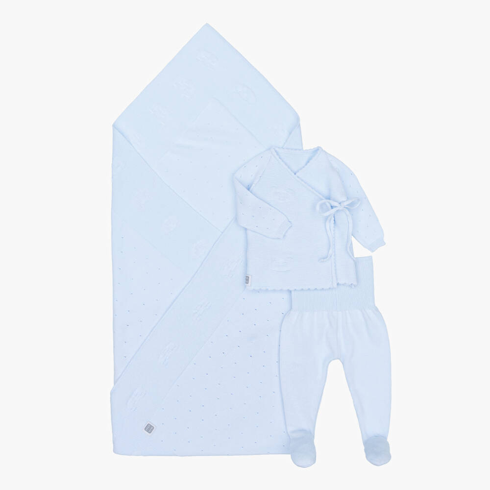 Minutus-Blue Cotton Knit Babysuit Set with Bear Motifs | Childrensalon