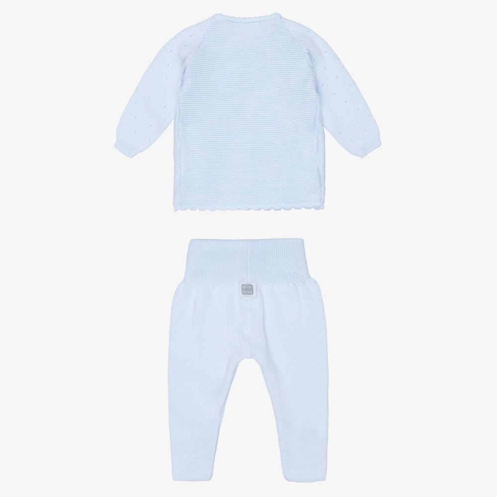 Minutus-Blue Cotton Knit Babysuit Set with Bear Motifs | Childrensalon