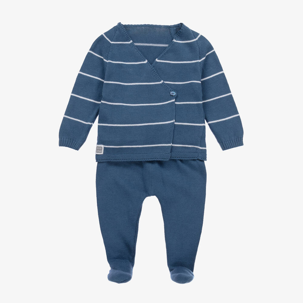 Minutus-Blue Stripe Cotton Knit 2 Piece Babygrow | Childrensalon