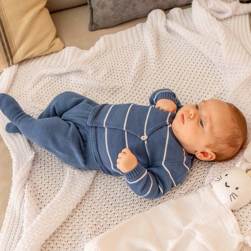 Minutus-Blue Stripe Cotton Knit 2 Piece Babygrow | Childrensalon