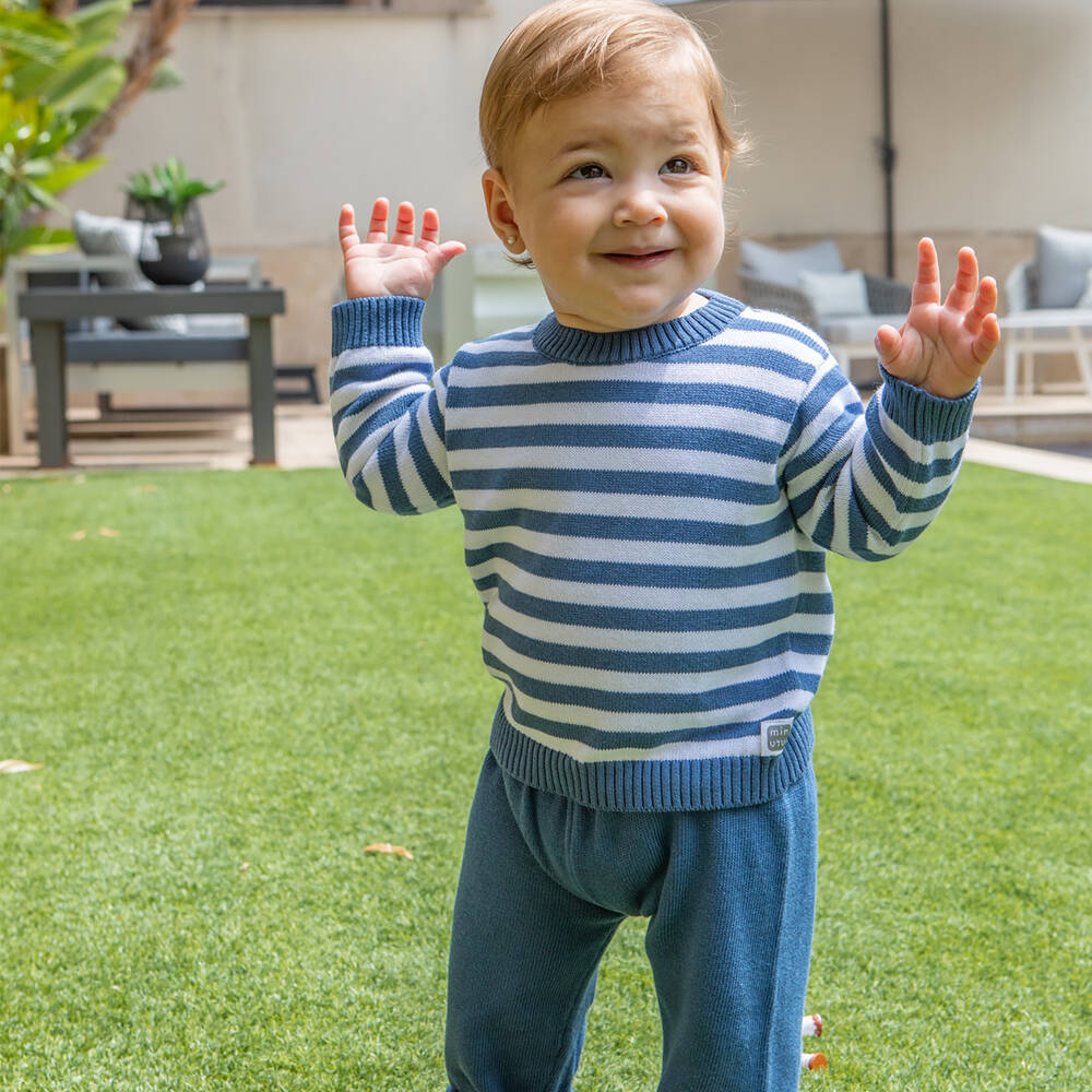 Minutus-Blue Stripe Cotton Knit Baby Trouser Set | Childrensalon