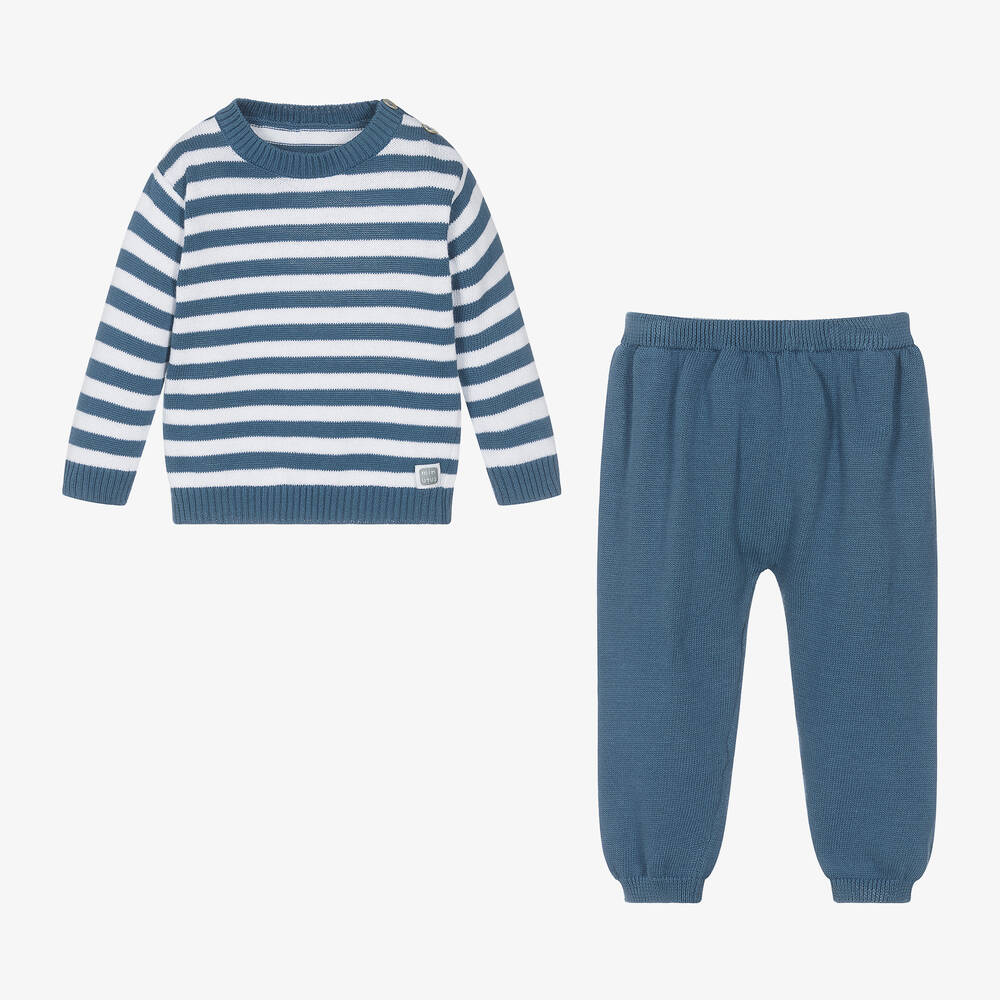 Minutus-Blue Stripe Cotton Knit Baby Trouser Set | Childrensalon