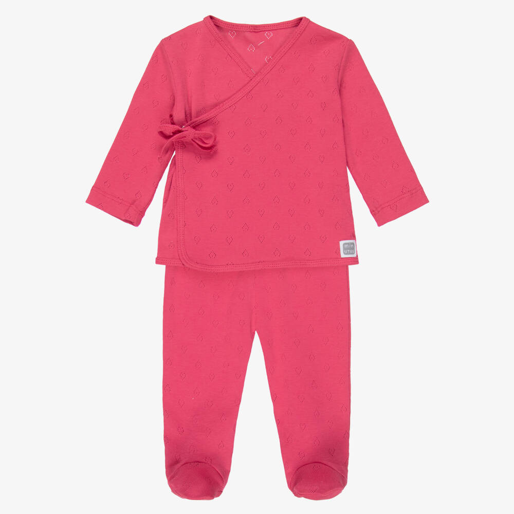 Minutus-Girls Fuchsia Pink Pointelle Cotton Jersey 2 Piece Babygrow | Childrensalon
