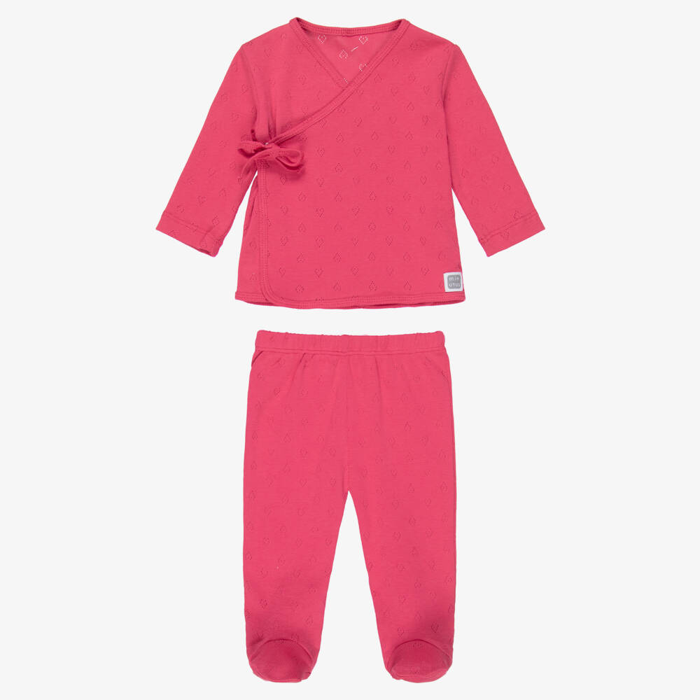 Minutus-Girls Fuchsia Pink Pointelle Cotton Jersey 2 Piece Babygrow | Childrensalon