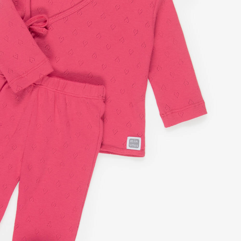 Minutus-Girls Fuchsia Pink Pointelle Cotton Jersey 2 Piece Babygrow | Childrensalon