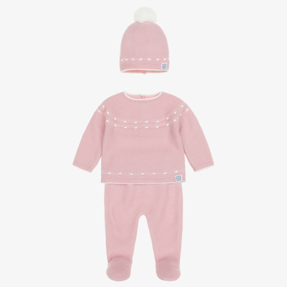 Minutus-Girls Pink Knitted Babysuit Set with Pom-Pom Hat | Childrensalon