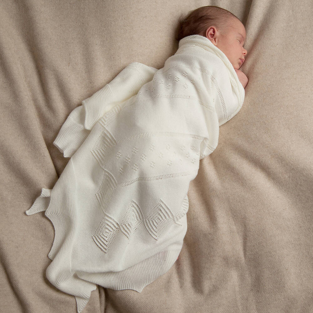 Minutus- Ivory Knitted Baby Shawl (105cm) | Childrensalon