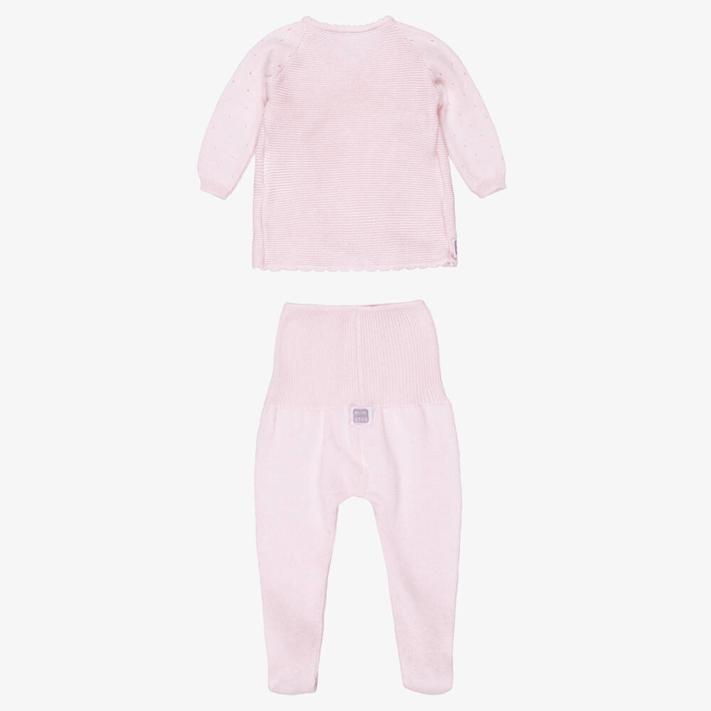 Minutus-Pink Cotton Knit Babysuit Set with Bear Motifs | Childrensalon