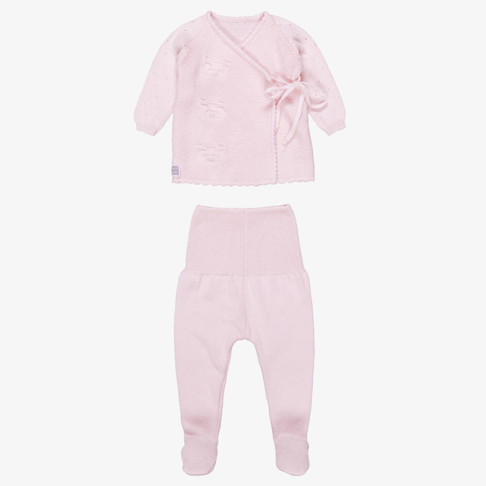 Minutus-Pink Cotton Knit Babysuit Set with Bear Motifs | Childrensalon