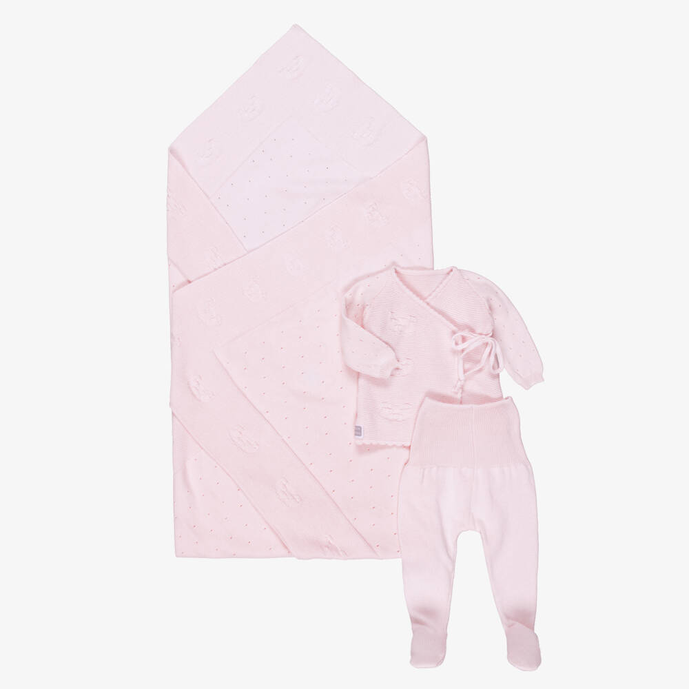 Minutus-Pink Cotton Knit Babysuit Set with Bear Motifs | Childrensalon