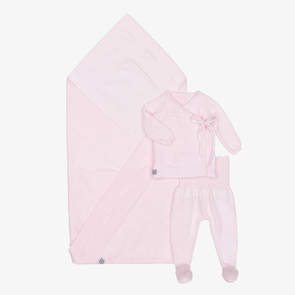 Minutus-Pink Cotton Knit Babysuit Set with Bear Motifs | Childrensalon