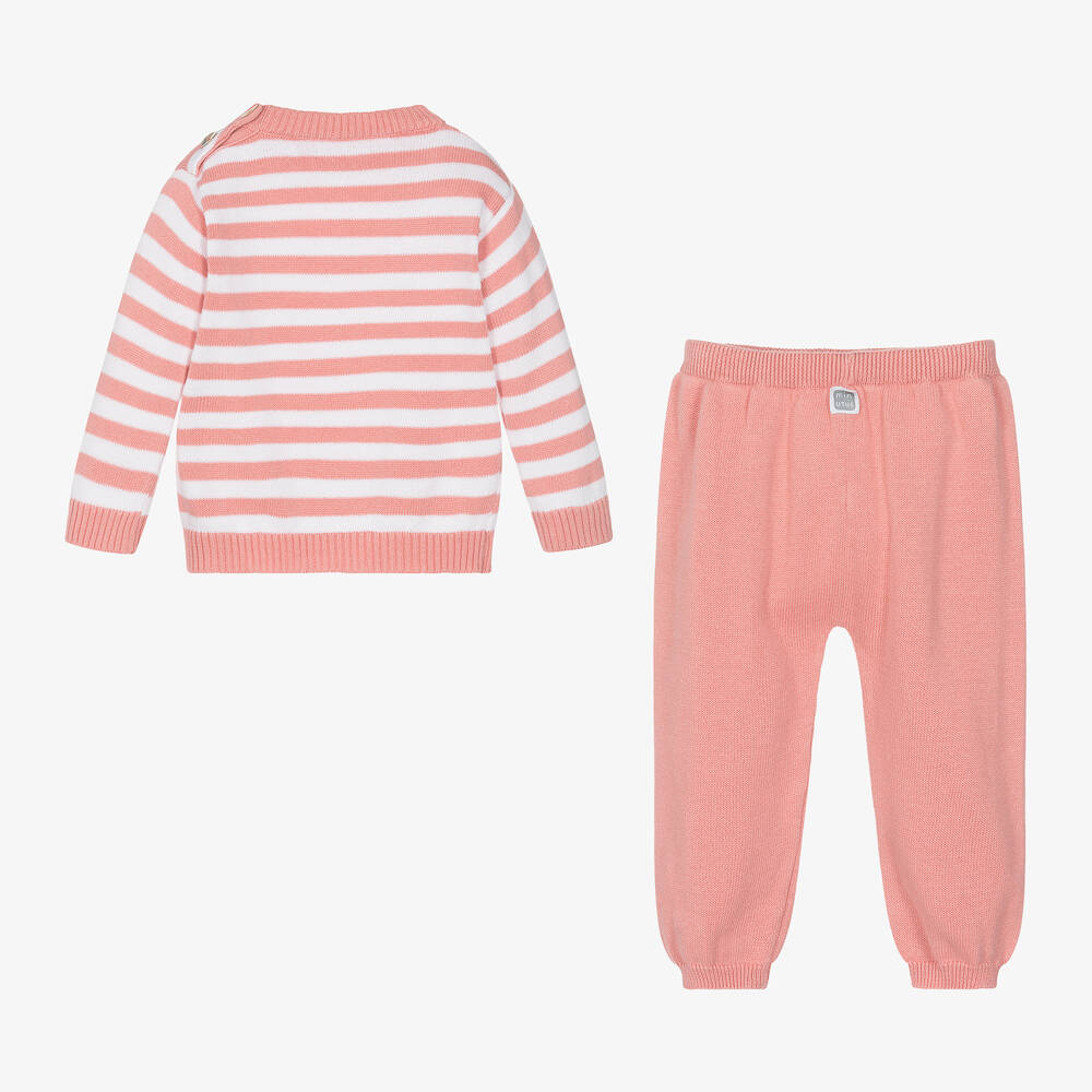 Minutus-Pink Stripe Cotton Knit Baby Trouser Set | Childrensalon