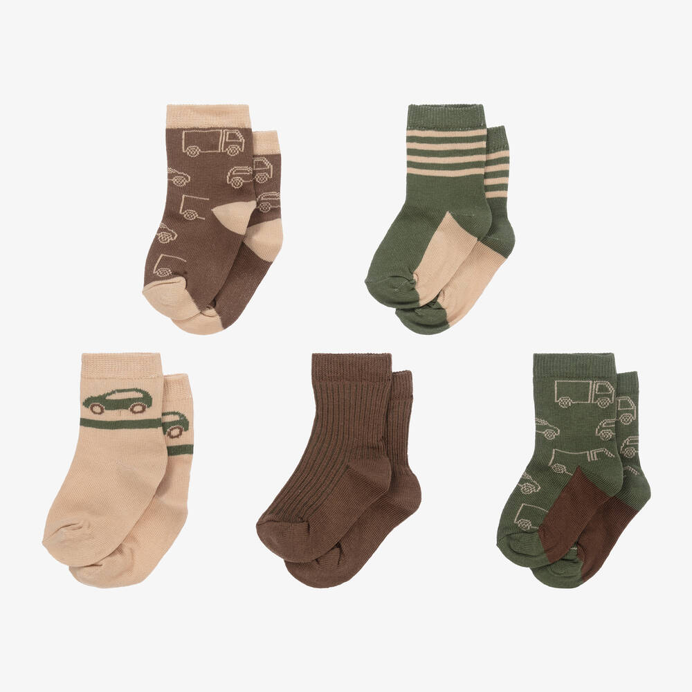 Minymo-Brown & Green Socks (5 Pack) | Childrensalon