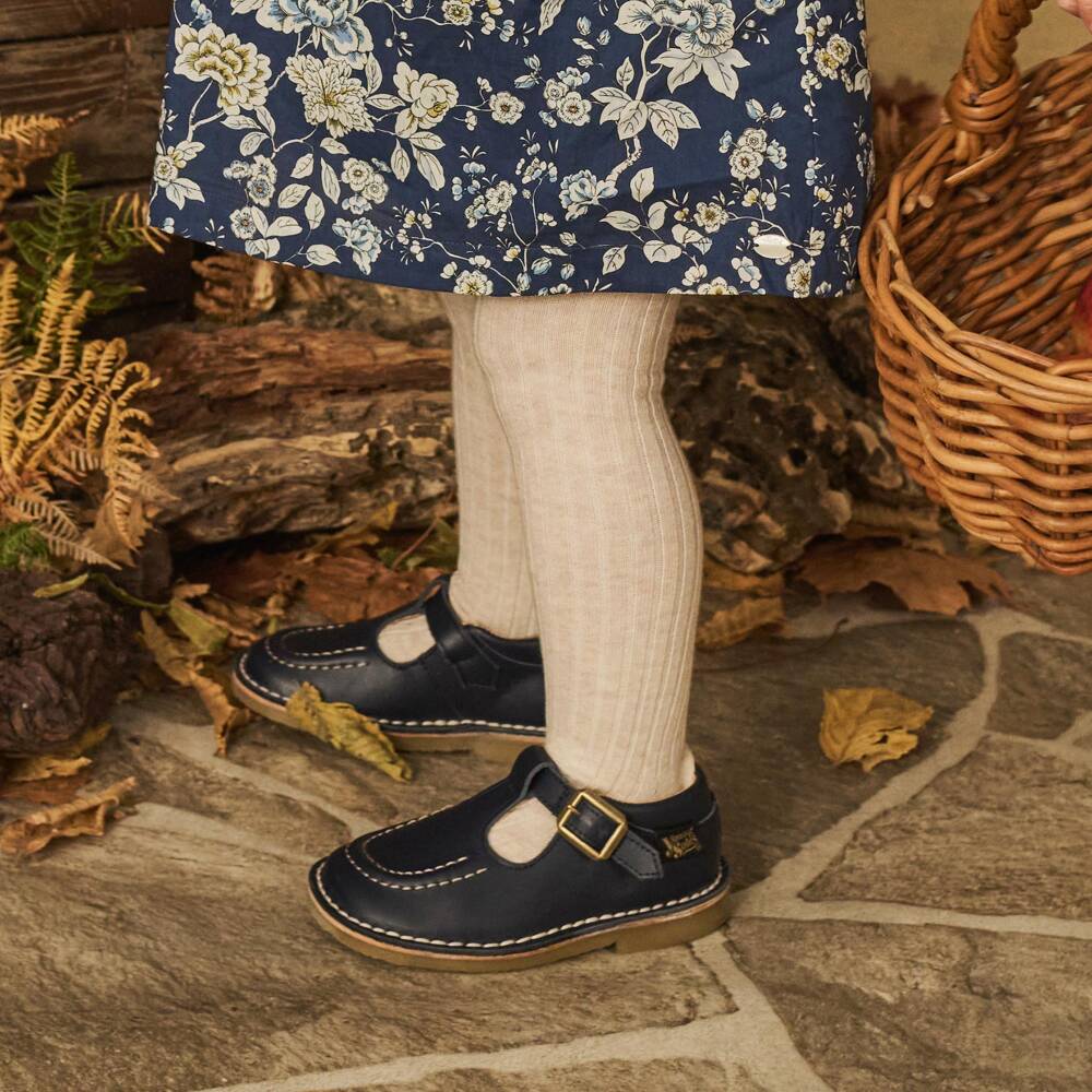 Minymo-Girls Navy Blue & Ivory Knitted Cotton Tights (2 Pack) | Childrensalon