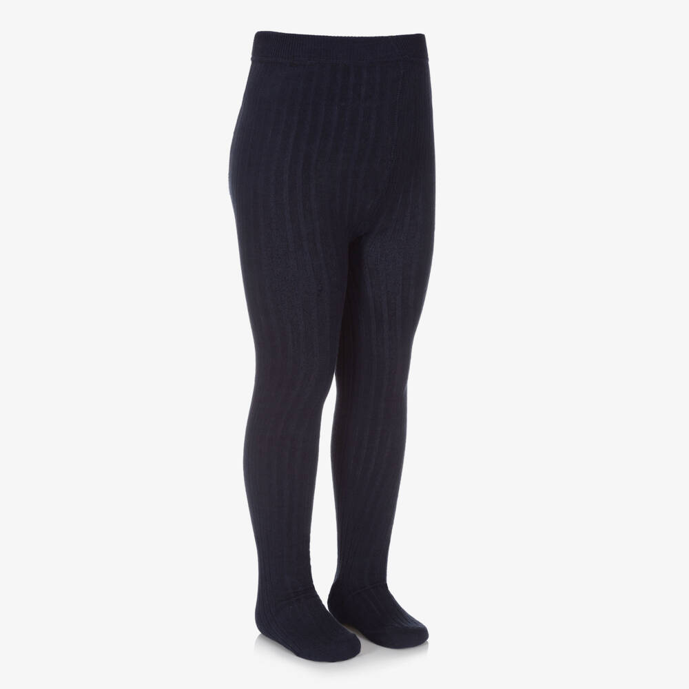 Minymo-Girls Navy Blue & Ivory Knitted Cotton Tights (2 Pack) | Childrensalon