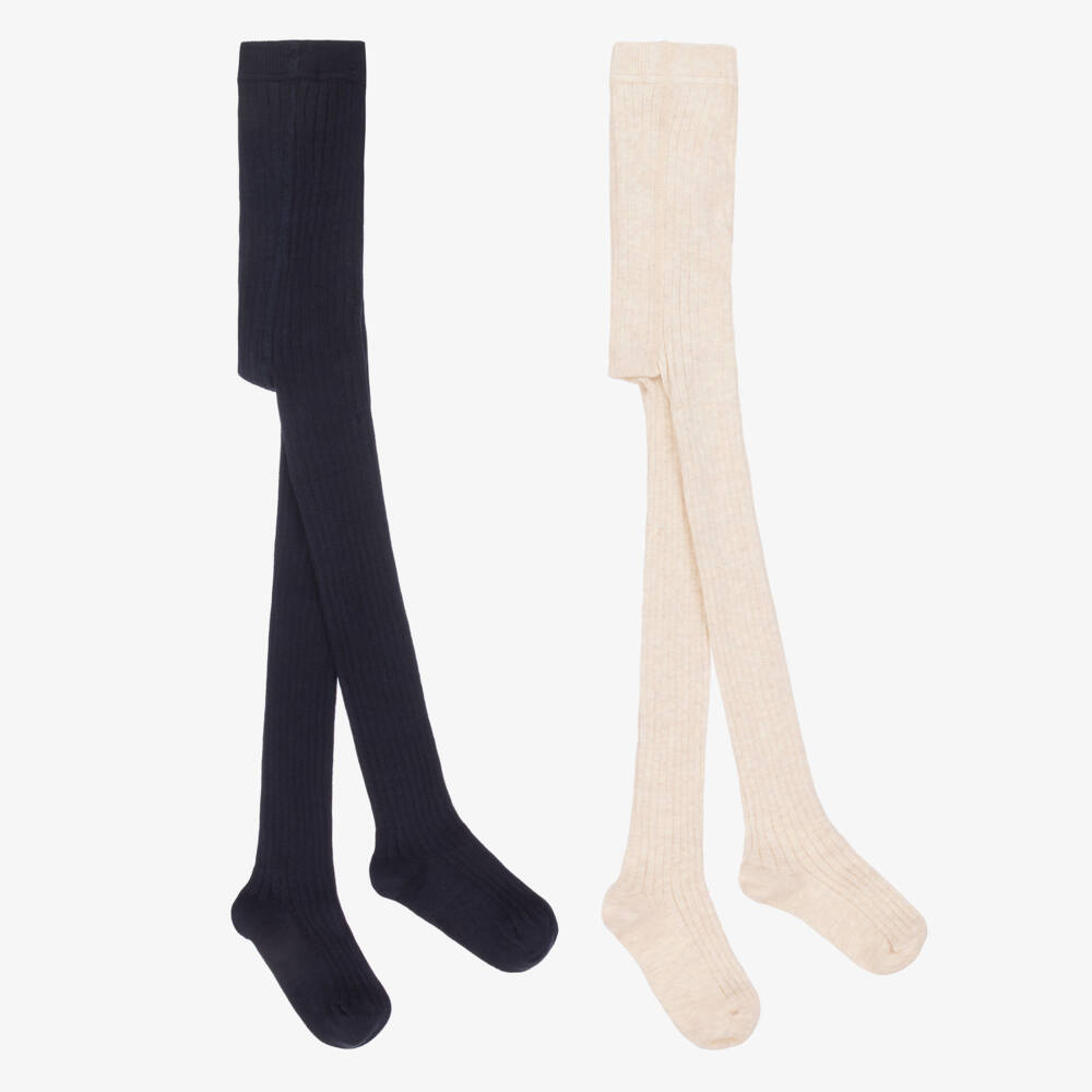 Minymo-Girls Navy Blue & Ivory Knitted Cotton Tights (2 Pack) | Childrensalon