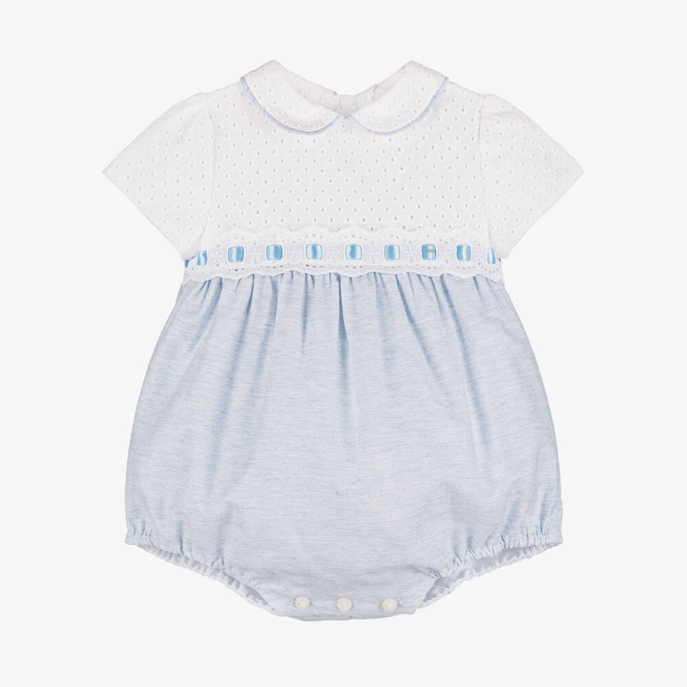 Miranda-Baby Boys Blue & White Cotton Broderie Shortie | Childrensalon