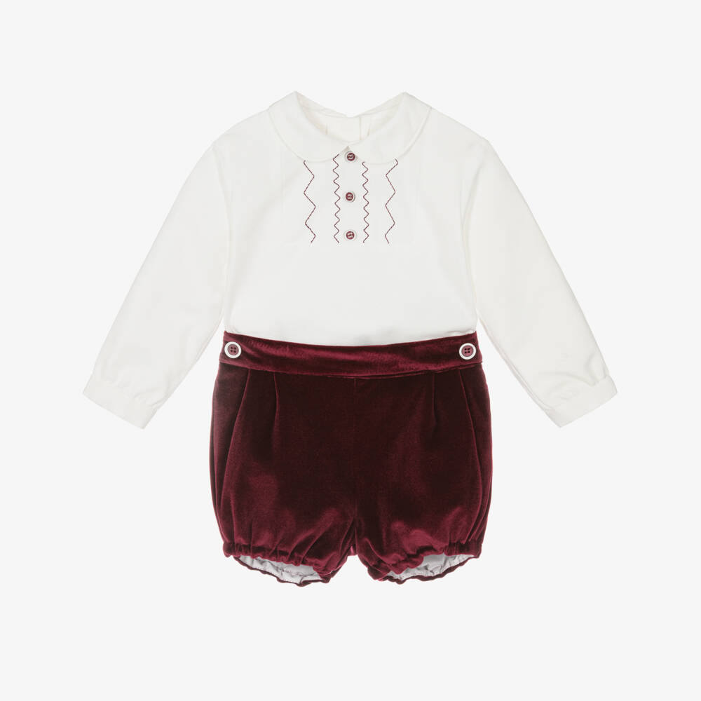 Miranda-Baby Boys Burgundy Red Velour Shorts Set | Childrensalon
