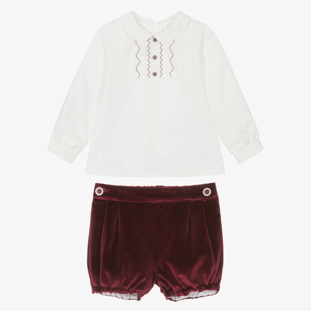 Miranda-Baby Boys Burgundy Red Velour Shorts Set | Childrensalon