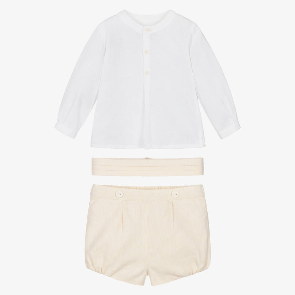 Miranda-Baby Boys Ivory Linen & Cotton Shirt & Shorts Set | Childrensalon
