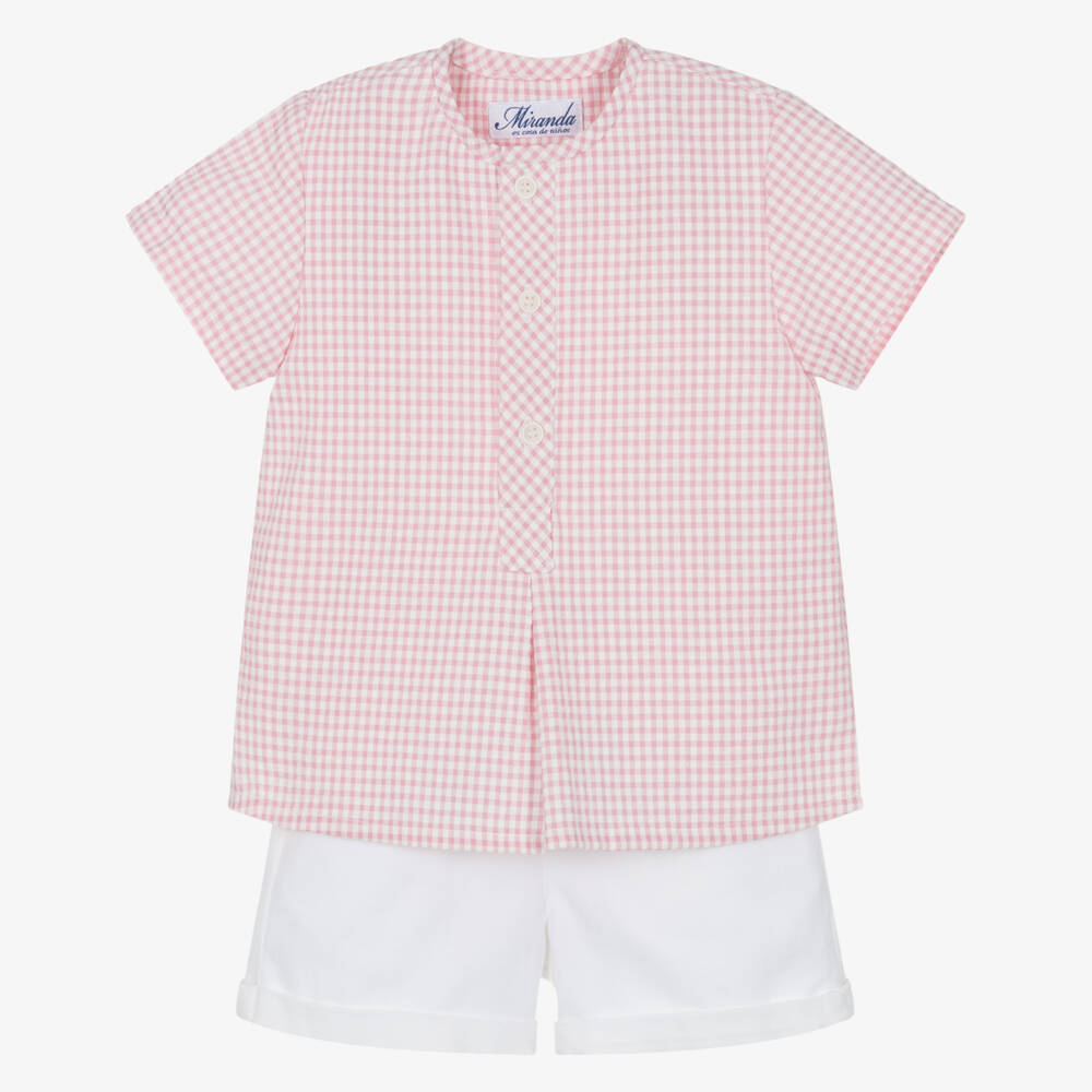 Miranda-Baby Boys Pink Gingham Shirt & White Shorts Set | Childrensalon