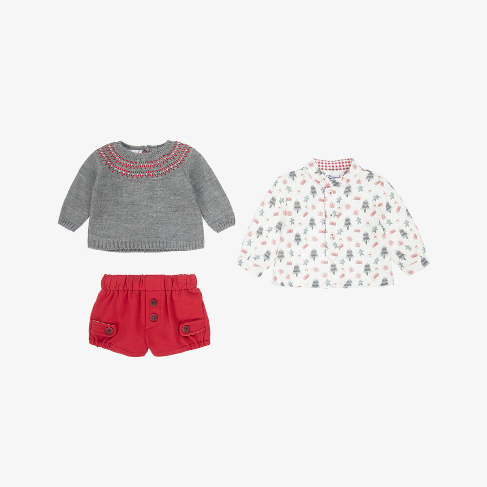 Miranda-Baby Boys Red, White & Grey Cotton Festive Shorts Set | Childrensalon