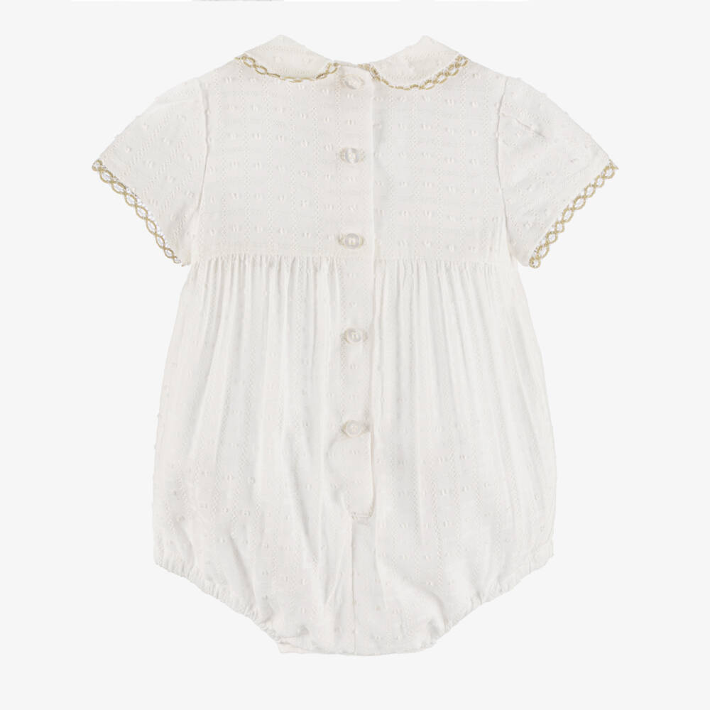 Miranda-Baby Boys White Cotton Shortie with Beige Trim | Childrensalon