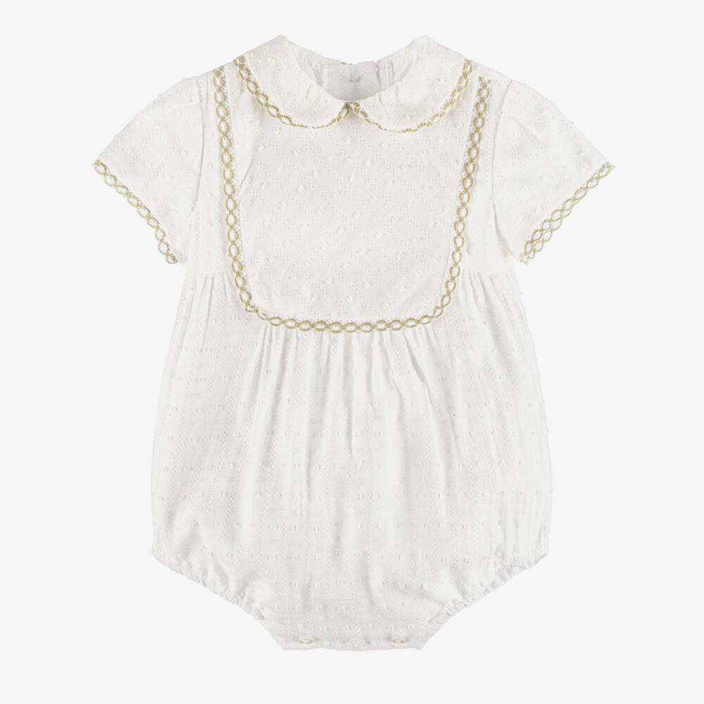 Miranda-Baby Boys White Cotton Shortie with Beige Trim  | Childrensalon