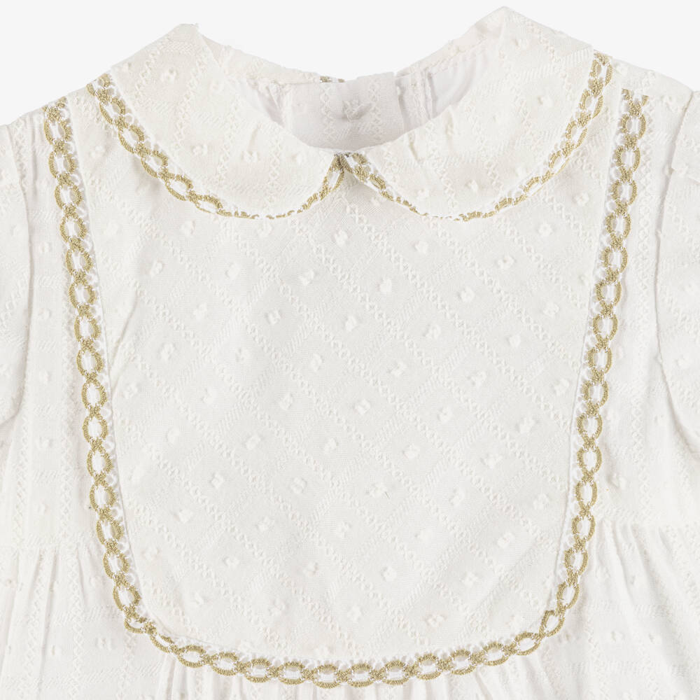 Miranda-Baby Boys White Cotton Shortie with Beige Trim | Childrensalon