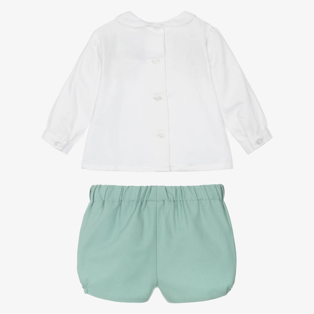 Miranda-Baby Boys White & Green Twill Shorts Set | Childrensalon