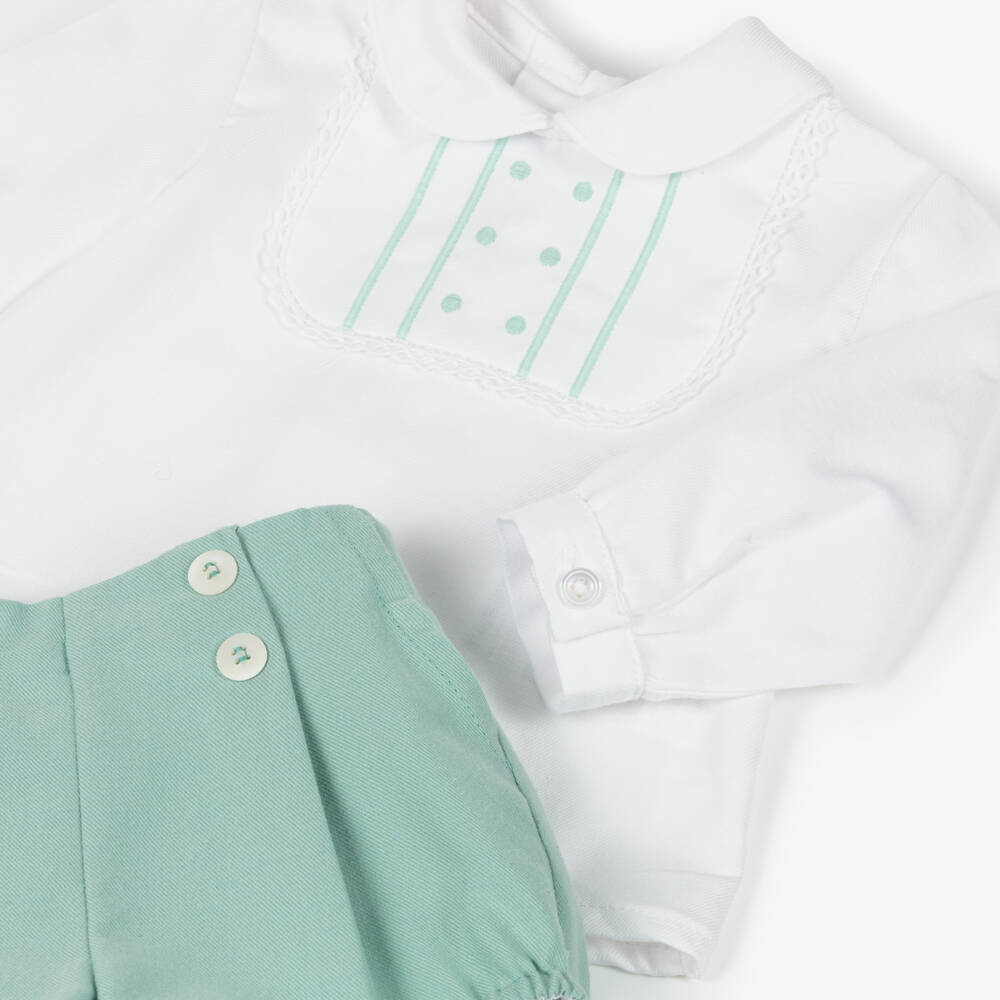 Miranda-Baby Boys White & Green Twill Shorts Set | Childrensalon