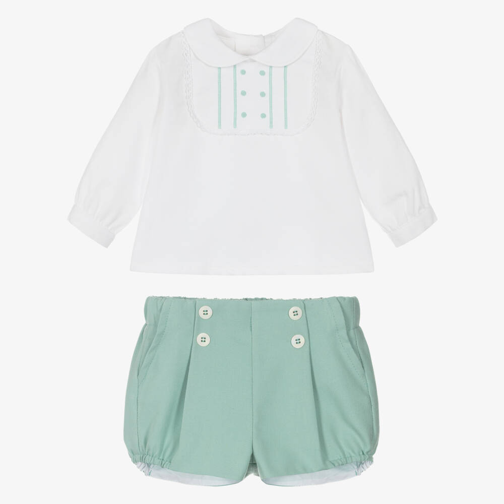 Miranda-Baby Boys White & Green Twill Shorts Set | Childrensalon