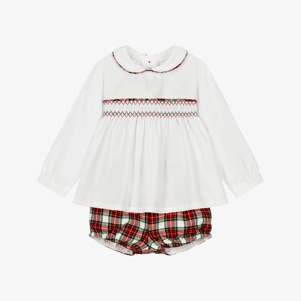 Miranda-Baby Boys White & Red Tartan Shorts Set | Childrensalon