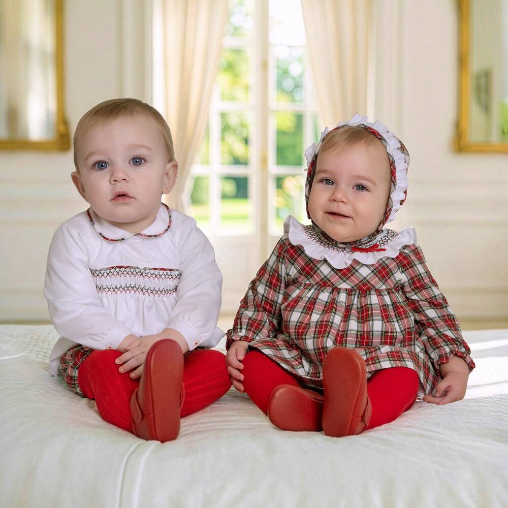 Miranda-Baby Boys White & Red Tartan Shorts Set | Childrensalon