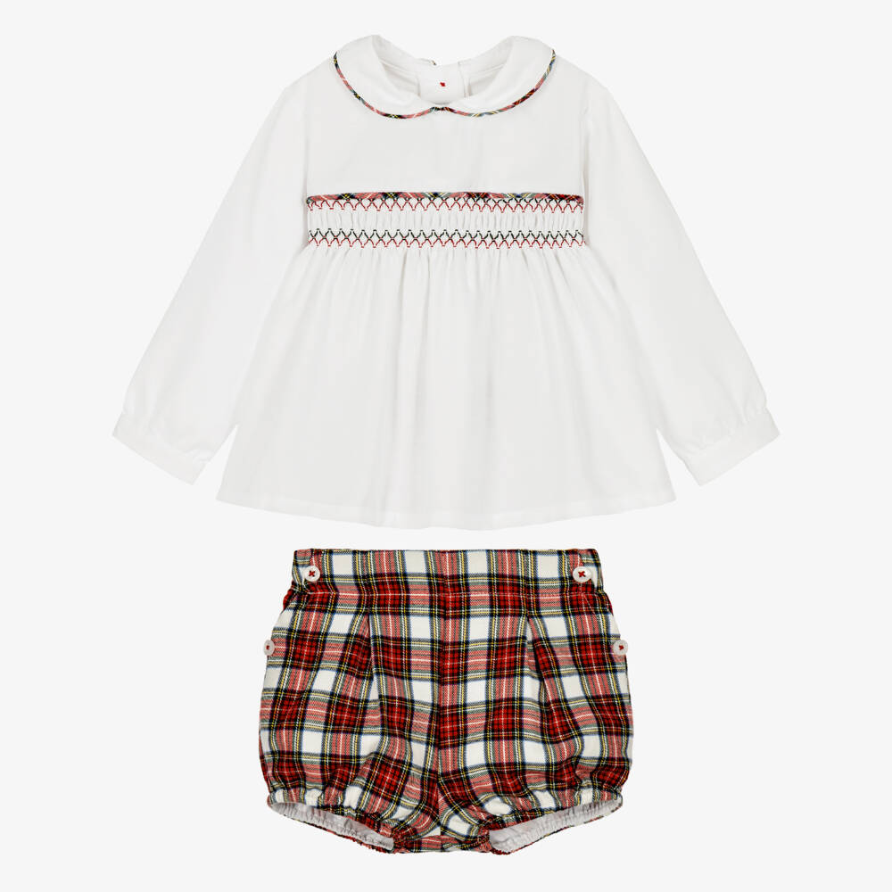 Miranda-Baby Boys White & Red Tartan Shorts Set | Childrensalon