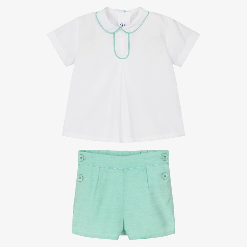 Miranda-Baby Boys White Short-Sleeved Shirt & Green Shorts Set | Childrensalon