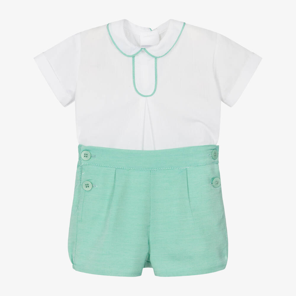 Miranda-Baby Boys White Short-Sleeved Shirt & Green Shorts Set | Childrensalon