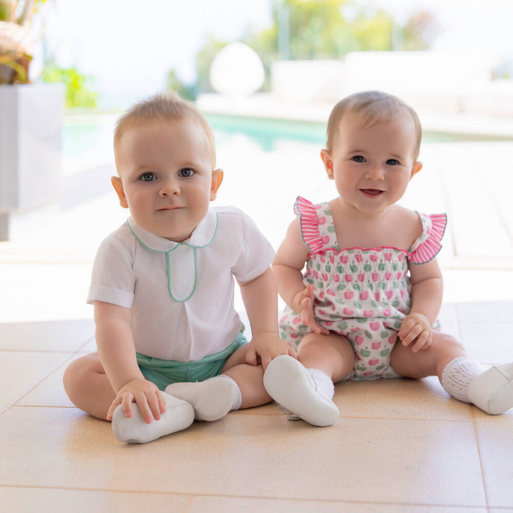 Miranda-Baby Boys White Short-Sleeved Shirt & Green Shorts Set | Childrensalon