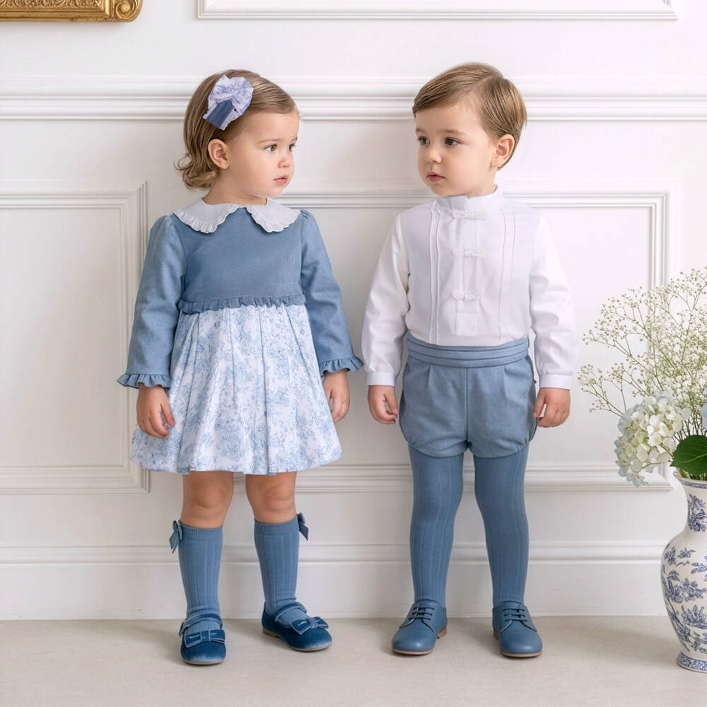 Miranda-Baby Girls Blue Dress with Floral Print | Childrensalon